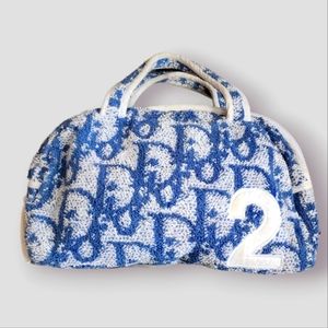 Christian Dior Blue White Terry Cloth Boston Top Handle Bag Purse